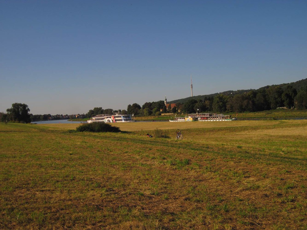 Elbwiesen (200 m) mit Blick zu „Maria am Wasser“ und dem Fernsehturm